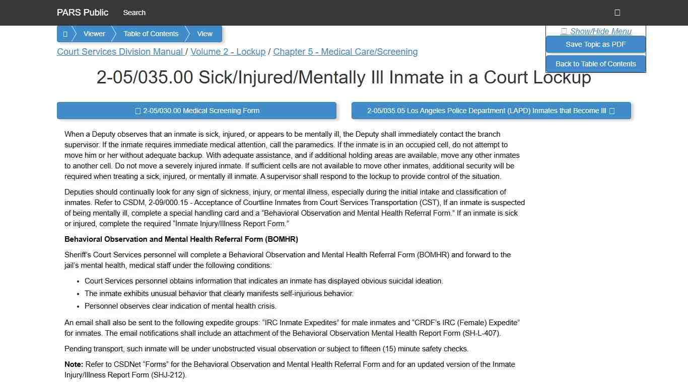 2-05/035.00 Sick/Injured/Mentally Ill Inmate in a Court Lockup - PARS Public Viewer
